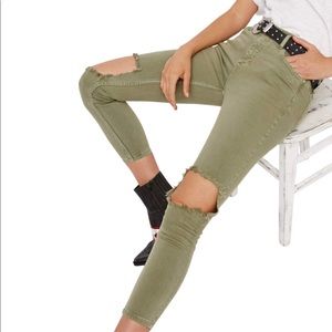 FP High Rise Olive Green Distressed Skinny Jean